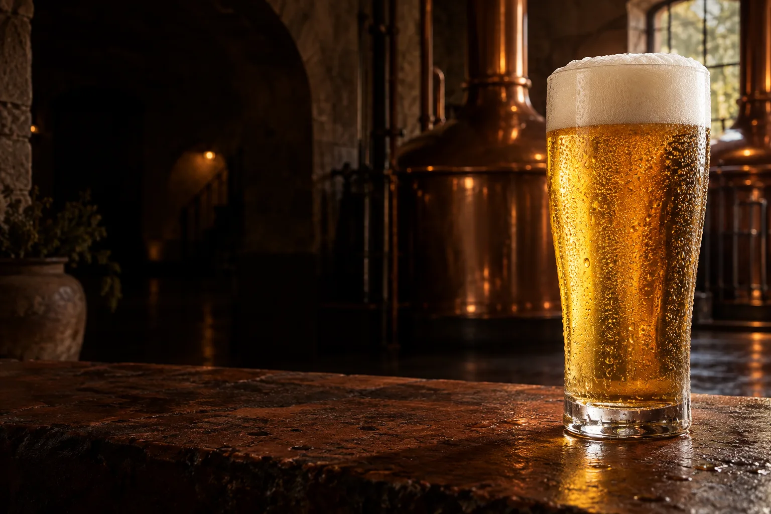 Cerveza dorada con espuma en un vaso